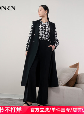 HONRN/红人气质黑色长款西装领背心马甲马夹外套女春秋HH11MJ165