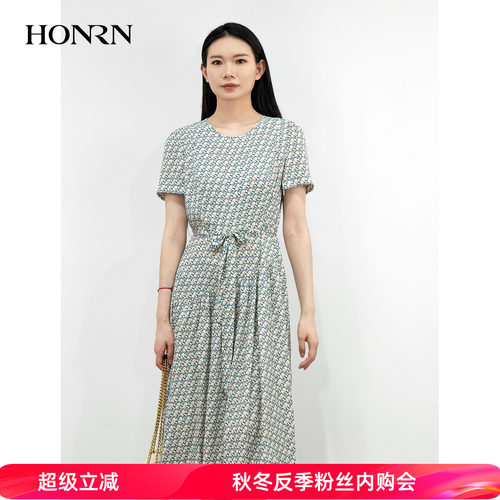 HONRN/红人印花短袖收腰连衣裙
