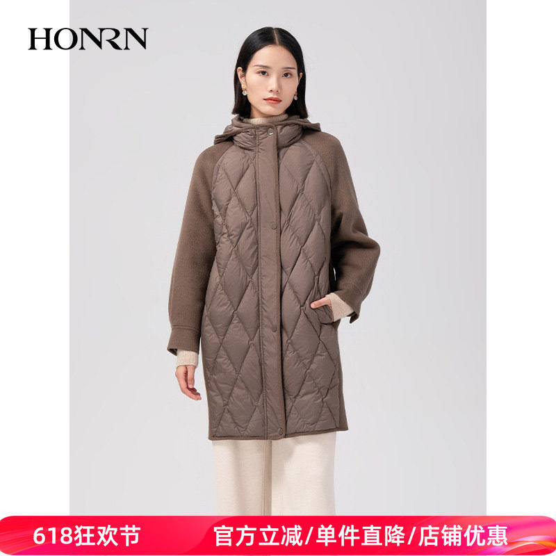HONRN/红人连帽山羊绒羊毛拼接白鹅绒羽绒服外套女冬季HI59YR111