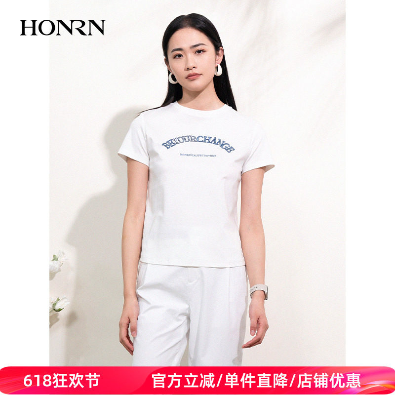 HONRN/红人白色休闲宽松显瘦短袖圆领正肩t恤女上衣春秋HI11SY596