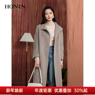 HONRN 羊驼毛羊毛呢子大衣外套女秋冬HI55OD917 红人灰色中长款