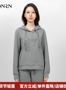HONRN/红人宽松灰色烫钻连帽长袖套头卫衣上衣女春秋HK39SY032