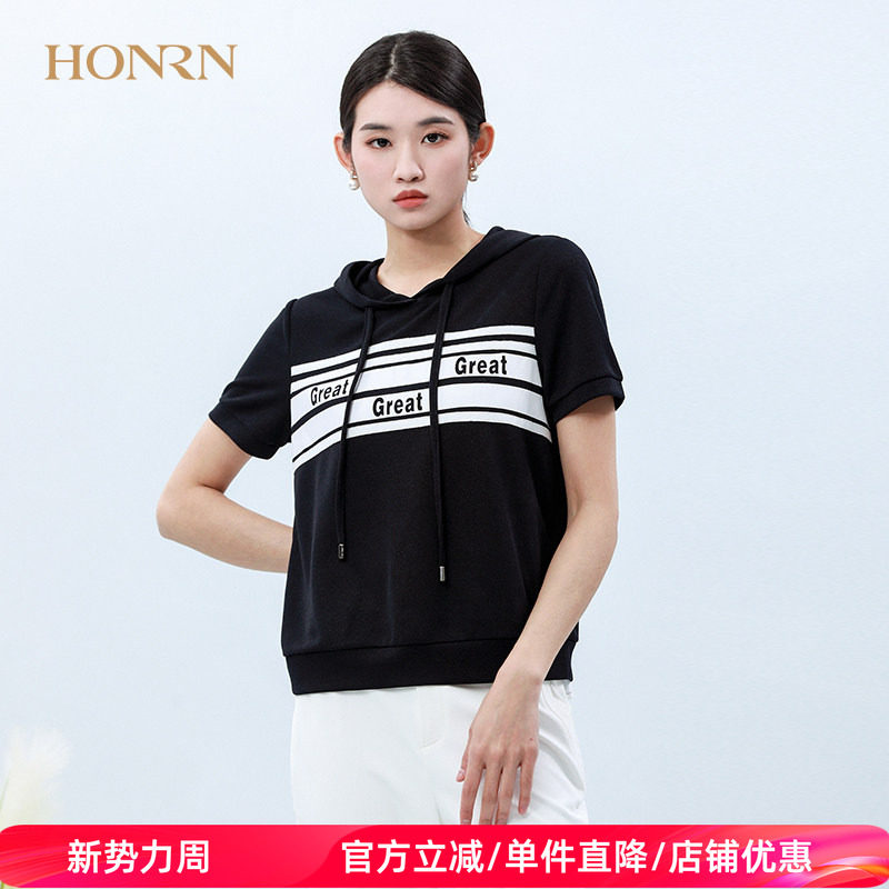 HONRN/红人时尚宽松休闲薄款短袖连帽套头针织衫上衣t恤女夏季