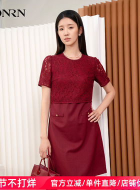 HONRN/红人红色圆领短袖蕾丝镂空拼接连衣裙秋冬中长款HI55OL196