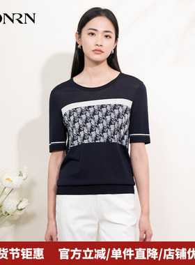 HONRN/红人宽松休闲提花圆领套头短袖针织衫上衣女夏季HI22OM665