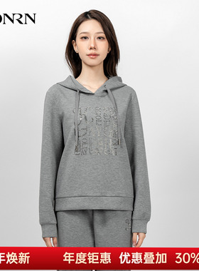 HONRN/红人宽松灰色烫钻连帽长袖套头卫衣上衣女春秋HK39SY032