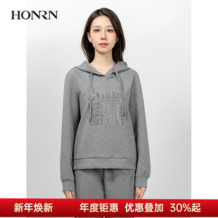 HONRN 套头卫衣上衣女春秋HK39SY032 红人宽松灰色烫钻连帽长袖