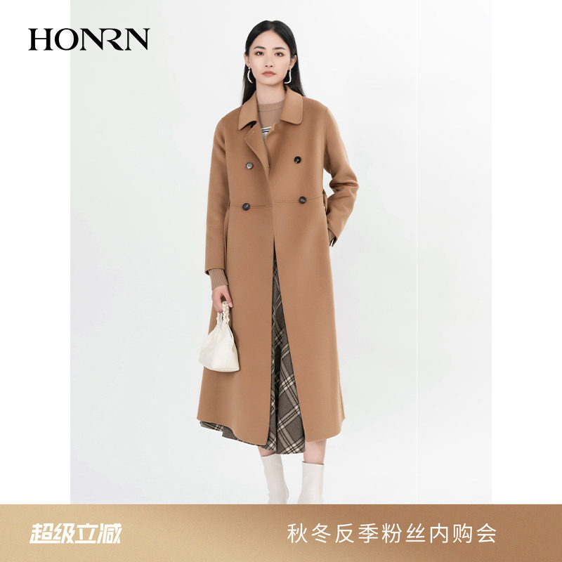 HONRN/红人中长款系带收腰显瘦羊毛呢子大衣外套女冬季HI59OD082