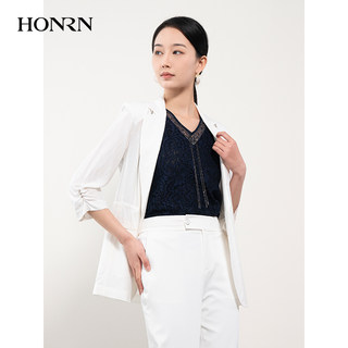 HONRN/红人休闲气质白色桑蚕丝真丝抽绳西装外套女夏HH22OS733