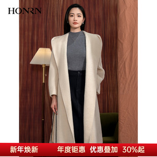 HONRN 红人系带收腰连帽羊驼毛羊毛呢子大衣外套女秋冬HI55OD751