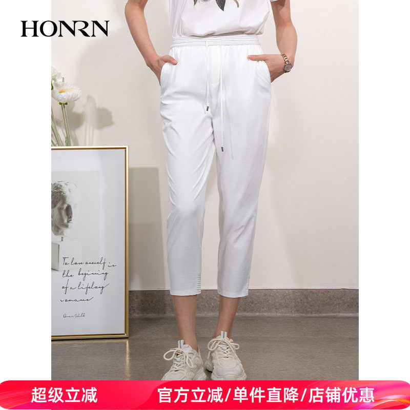 HONRN/红人九分松紧腰宽松直筒束脚运动休闲裤女夏薄款HI22OK209