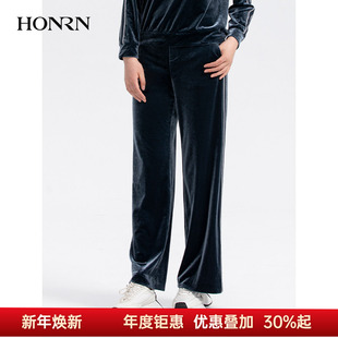 女春秋HH33OK048 子显瘦丝绒松紧腰直筒运动休闲裤 HONRN 红人长裤