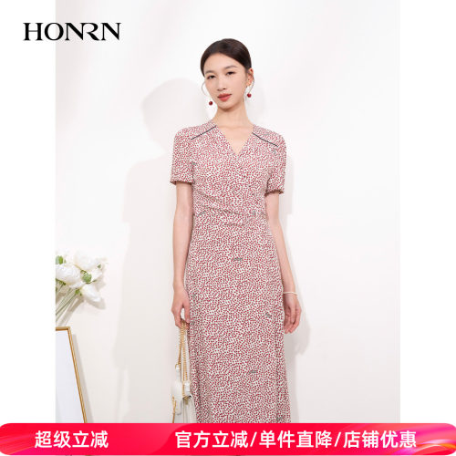 HONRN/红人v领系带收腰连衣裙