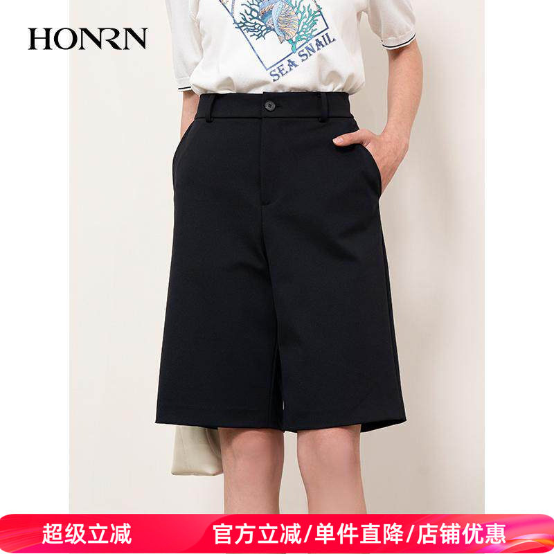 HONRN/红人时尚宽松纯色极简微弹职业休闲短裤女春秋款HI11OK452