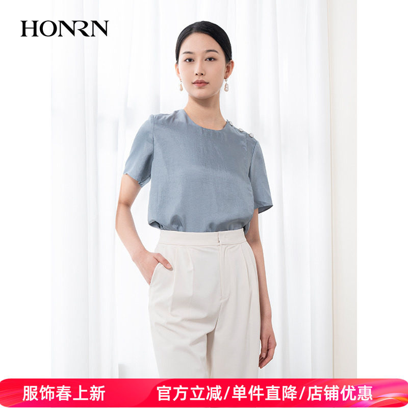HONRN/红人休闲宽松蓝色短袖圆领正肩衬衫上衣女夏款HH22SY817