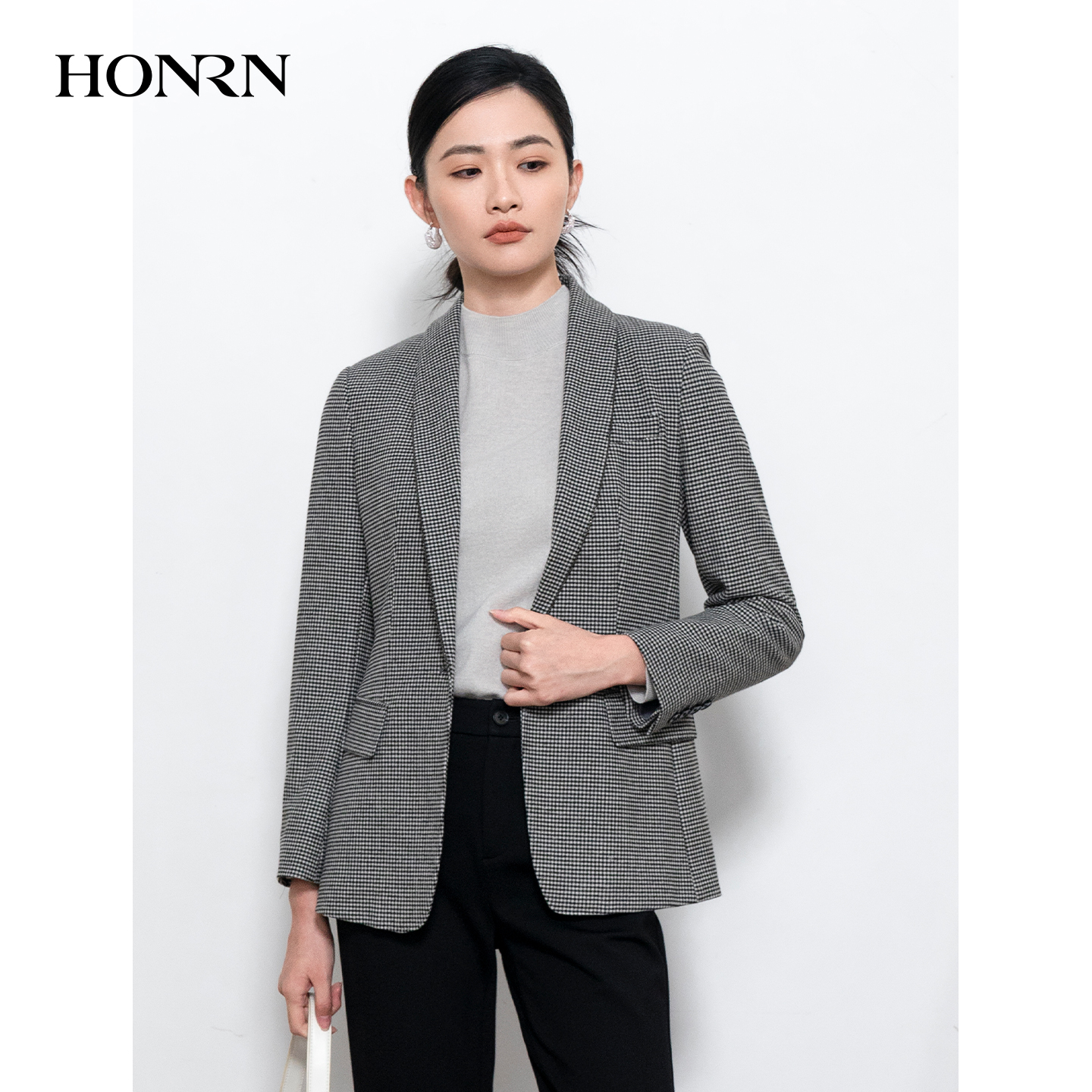 HONRN/红人千鸟格纹收腰西装外套