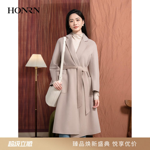 HONRN/红人系带桑蚕丝羊毛呢大衣