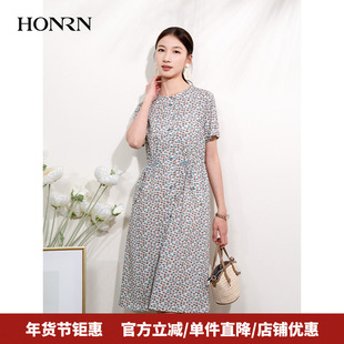HONRN/红人修身显瘦圆领短袖印花纯棉裙子连衣裙女夏HI22OL425