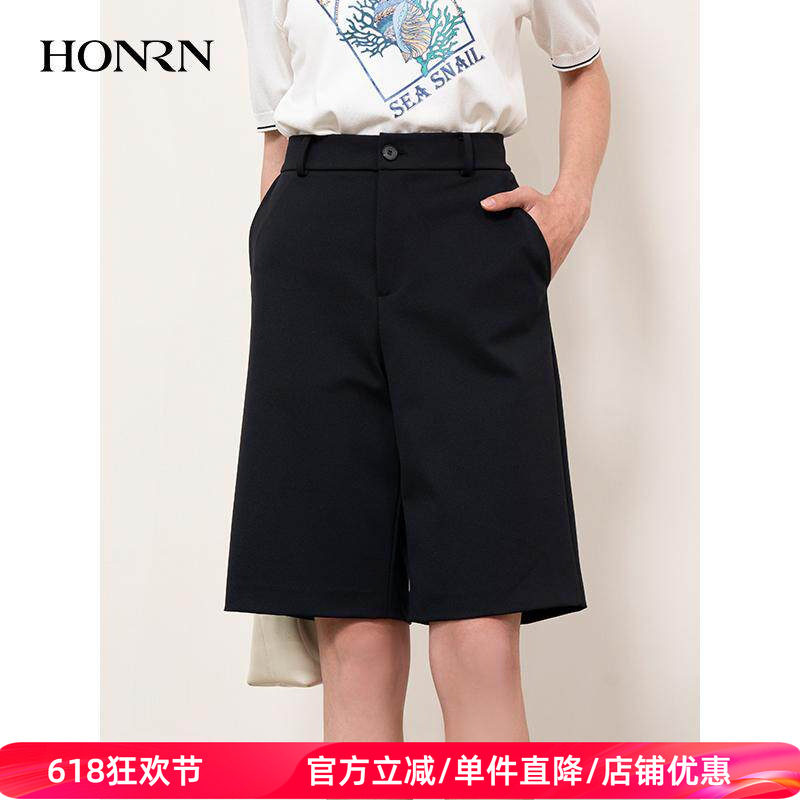 HONRN/红人时尚宽松纯色极简微弹职业休闲短裤女春秋款HI11OK452