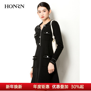 HONRN 显瘦连衣裙女春秋HH11OL629 红人气质黑色洋气减龄收腰修身