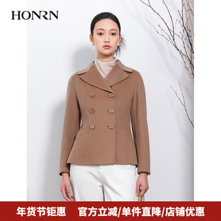 HONRN/红人短款双排扣收腰双面羊毛呢子大衣外套女秋冬HI55OD878