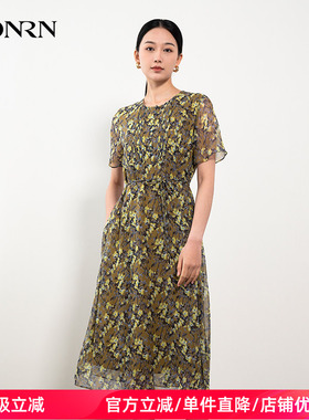 HONRN/红人桑蚕丝真丝印花裙系带收腰显瘦a字连衣裙女夏HH22OL768