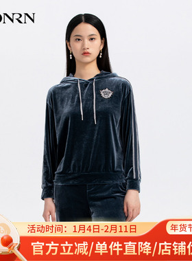 HONRN/红人运动休闲蓝色丝绒连帽长袖卫衣上衣女春秋款HH33SY047
