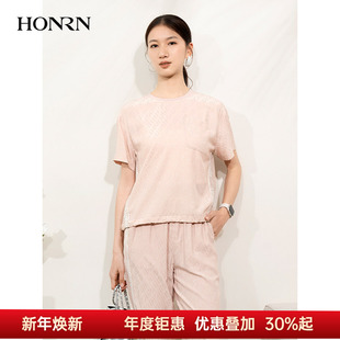 HONRN 女t恤上衣夏HI22SY513 红人休闲宽松桑蚕丝真丝圆领套头短袖