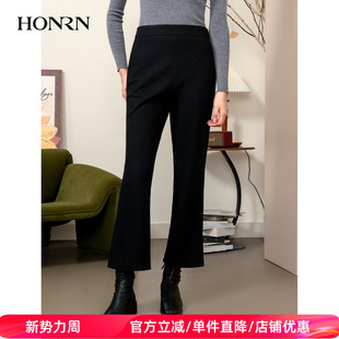 女秋冬HI55OK140 显瘦黑色羊毛呢磨毛微喇休闲裤 HONRN 红人修身