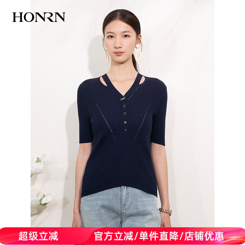HONRN/红人修身v领开叉桑蚕丝棉套头薄款针织衫上衣女夏HI22OM109