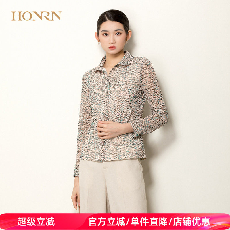 HONRN/红人长袖polo领显瘦格子衬衫女款上衣设计感小众HI39OZ504