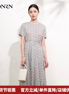 HONRN/红人印花压褶裙子修身收腰显瘦a字短袖连衣裙女夏HI22OL488