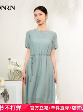 HONRN/红人绿色纯色桑蚕丝真丝系带收腰短袖连衣裙女夏HI22OL619