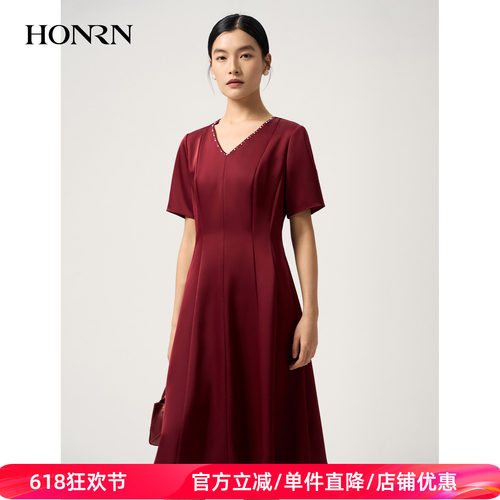 红人夏季酒红V领显瘦短袖连衣裙