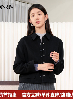 HONRN/红人黑色短款山羊绒羊毛呢子外套上衣女款秋冬HI55OS392