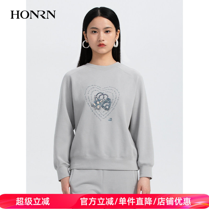 HONRN/红人休闲宽松灰色长袖圆领卫衣外套无帽女春秋款HH33SY067