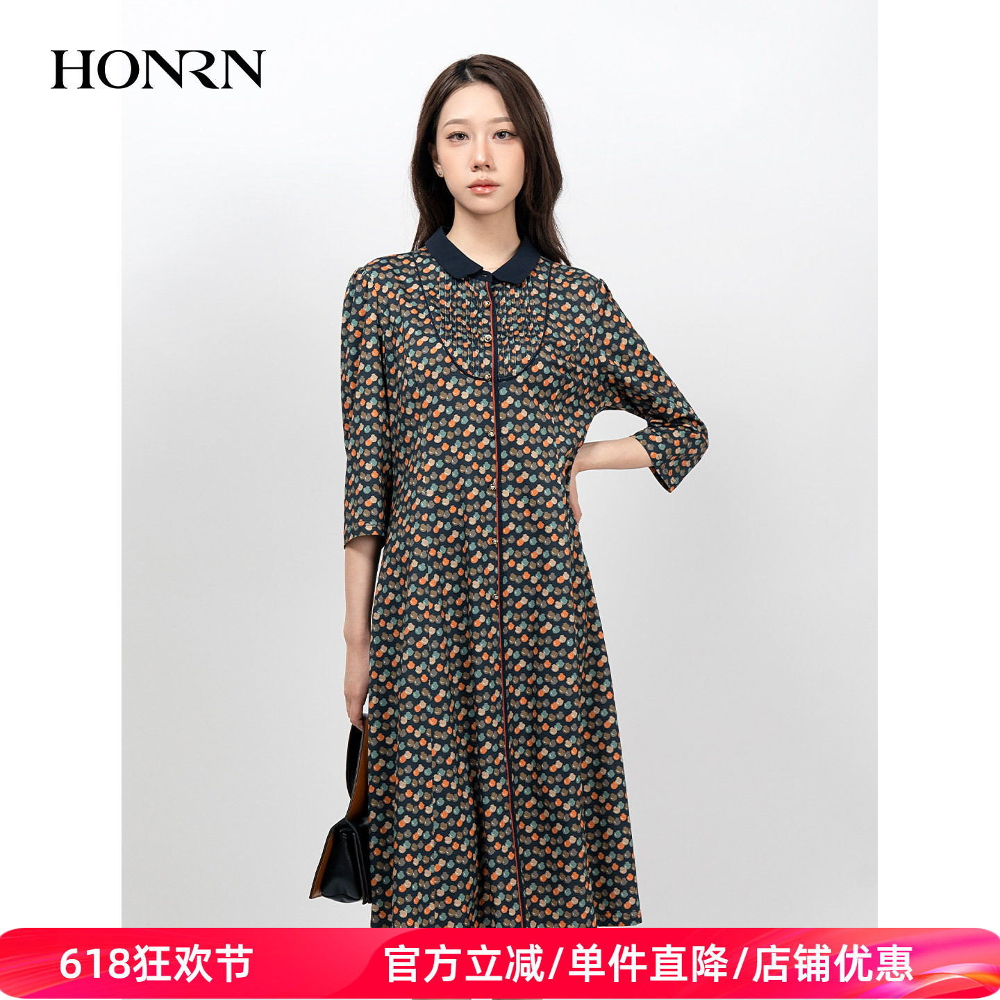 HONRN/红人休闲中长翻领印花收腰显瘦棉质连衣裙女春秋HK39OL020