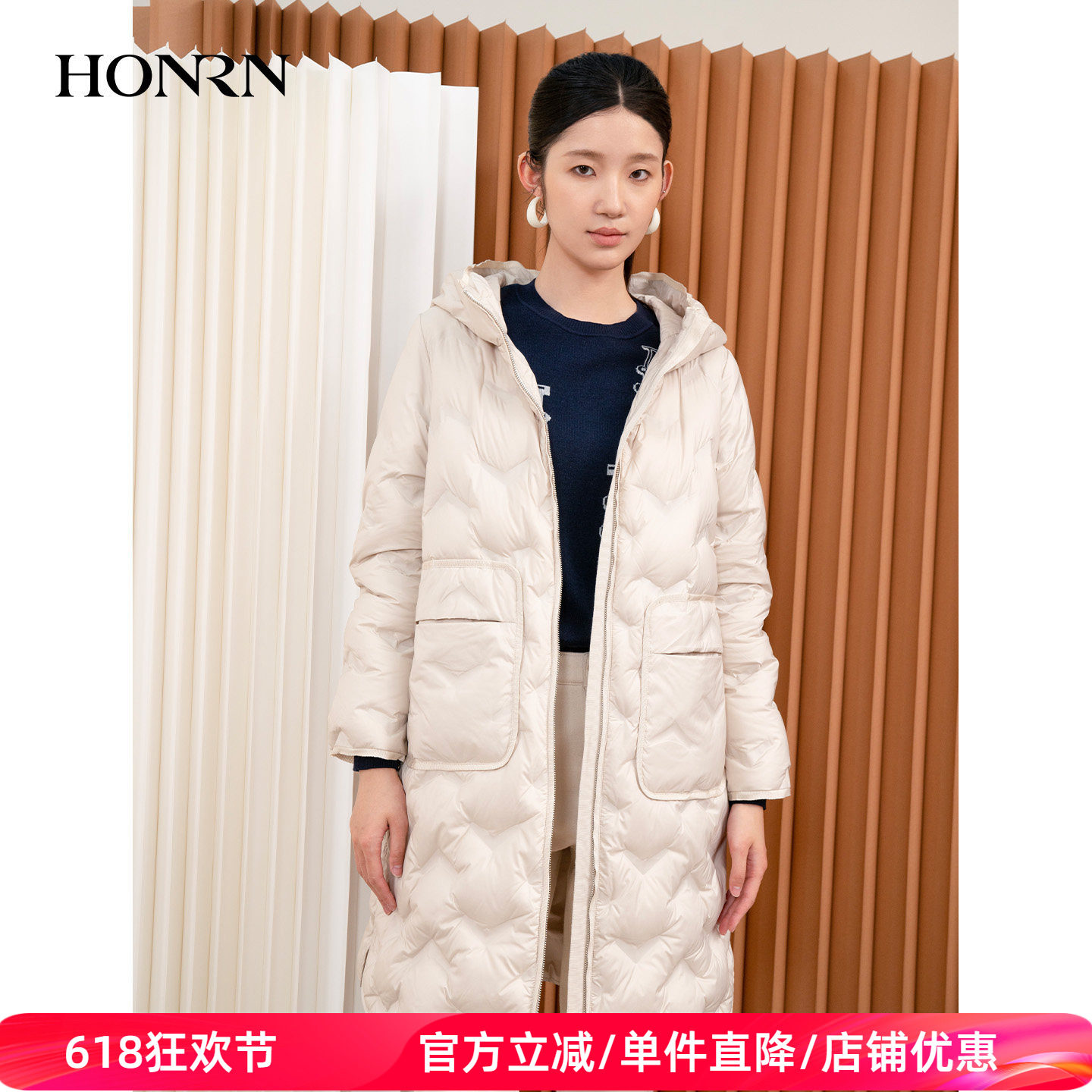 HONRN/红人连帽保暖白鹅绒羽绒服外套女款中长款秋冬季HI55YR420