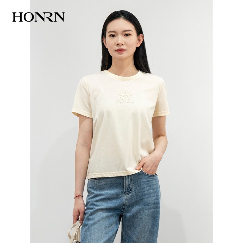 HONRN/红人休闲圆领宽松显瘦短袖正肩纯棉女t恤上衣夏HJ22SY601