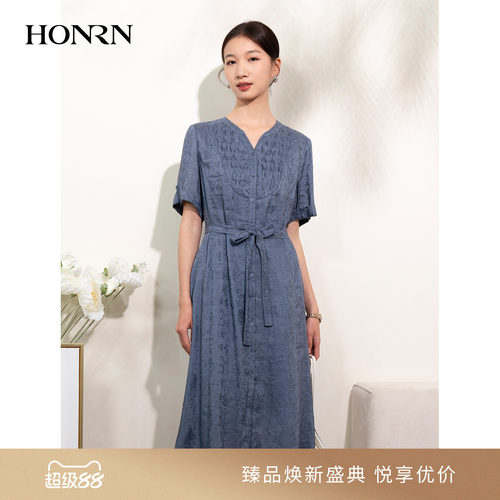 HONRN/红人桑蚕丝真丝系带连衣裙