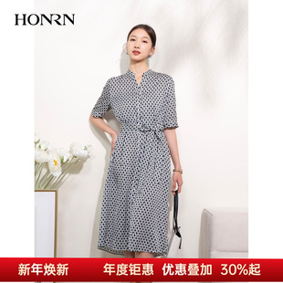 HONRN v领系带收腰显瘦a字连衣裙女夏HI22OL407 红人优雅印花短袖