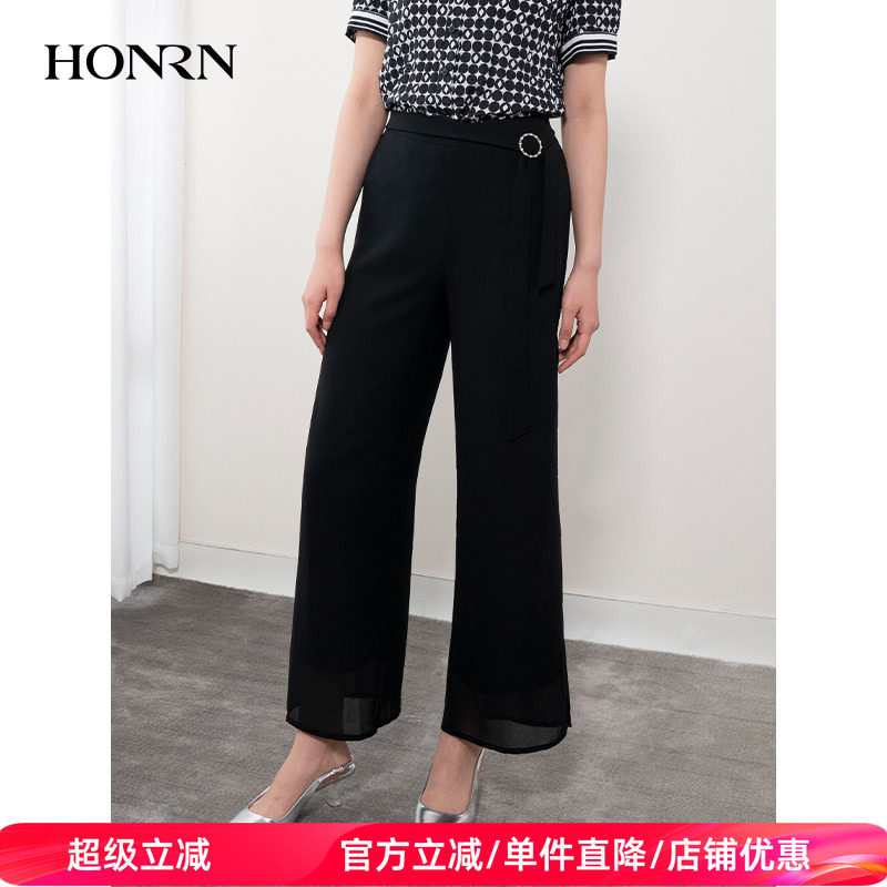 HONRN/红人宽松黑色长裤子休闲阔腿裤垂感女夏季薄款HH22OK898