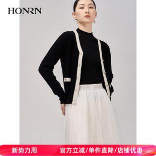 上衣外套女开衫 HONRN v领羊毛衣针织衫 黑色长袖 HI39OM006 红人秋季