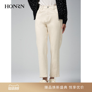 HONRN/红人米白色牛仔裤女中年自然腰高弹棉质直筒长裤HJ33OK351