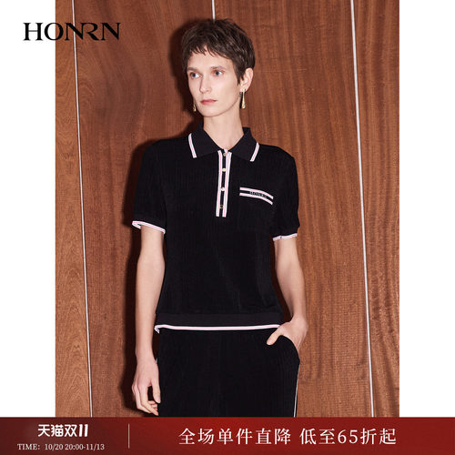 商场同款HONRN/红人polo衫肌理纹黑白夹条上衣女夏HK22SY001