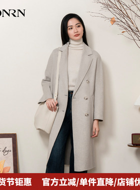 HONRN/红人双排扣中长款双面羊毛呢子大衣外套女秋冬HI55OD022