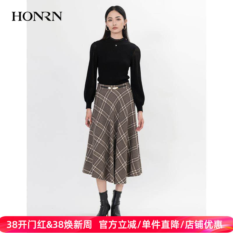 HONRN/红人格子格纹长裙子显瘦羊毛呢a字半身裙女秋冬款HH55OQ715