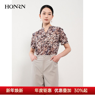 上衣女夏款 HONRN 小众设计感印花衬衫 修身 HH22SY831 红人休闲短袖