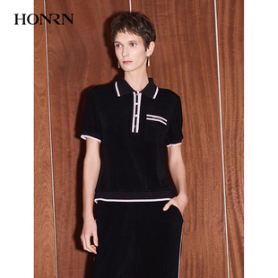 商场同款 肌理纹黑白夹条上衣女夏HK22SY001 HONRN 红人polo衫