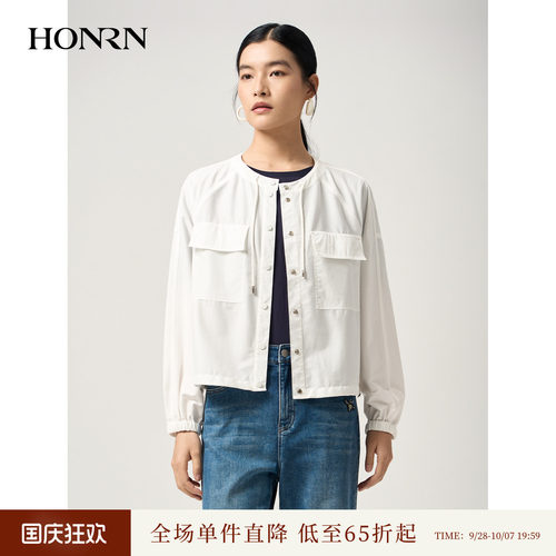 HONRN/红人白色简约长袖短外套女圆领宽松廓形休闲外套HJ22OS917 - 封面
